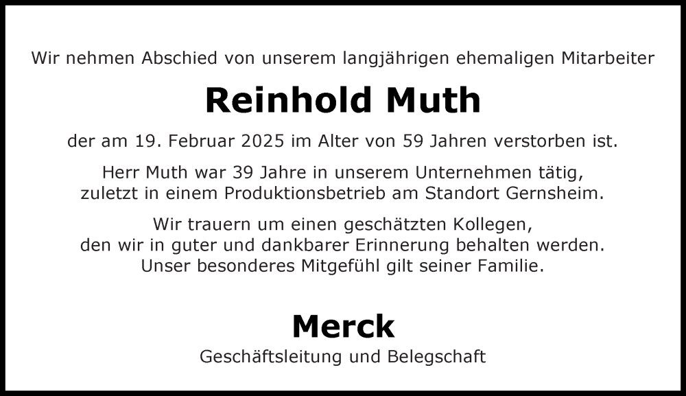  Traueranzeige für Reinhold Muth vom 03.03.2025 aus Groß-Gerauer Echo