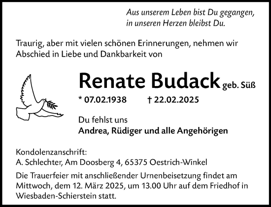 Traueranzeige von Renate Budack von Wiesbadener Kurier