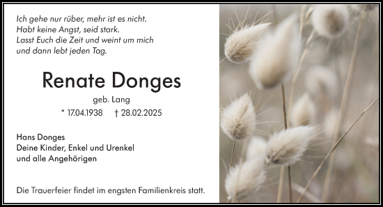 Traueranzeige von Renate Donges von Wetzlarer Neue Zeitung
