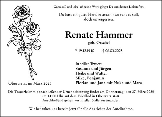 Traueranzeige von Renate Hammer von Wetzlarer Neue Zeitung