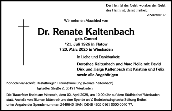 Traueranzeige von Renate Kaltenbach von Wiesbadener Kurier