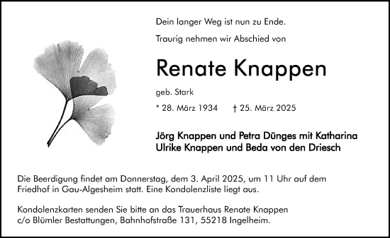 Traueranzeige von Renate Knappen von Allgemeine Zeitung Rheinhessen-Nahe