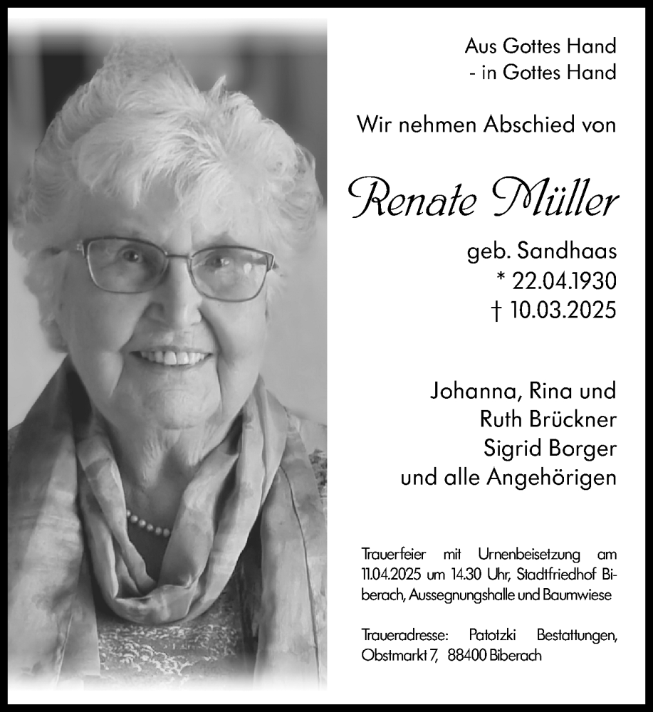 Traueranzeige für Renate Müller vom 22.03.2025 aus Starkenburger Echo