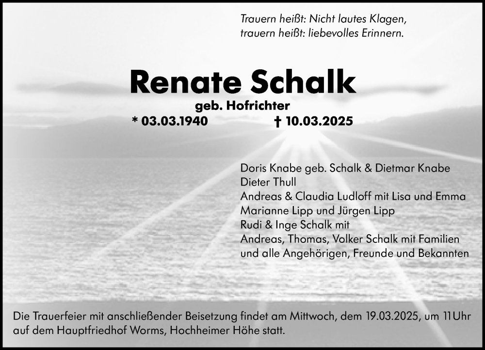  Traueranzeige für Renate Schalk vom 15.03.2025 aus Wormser Zeitung