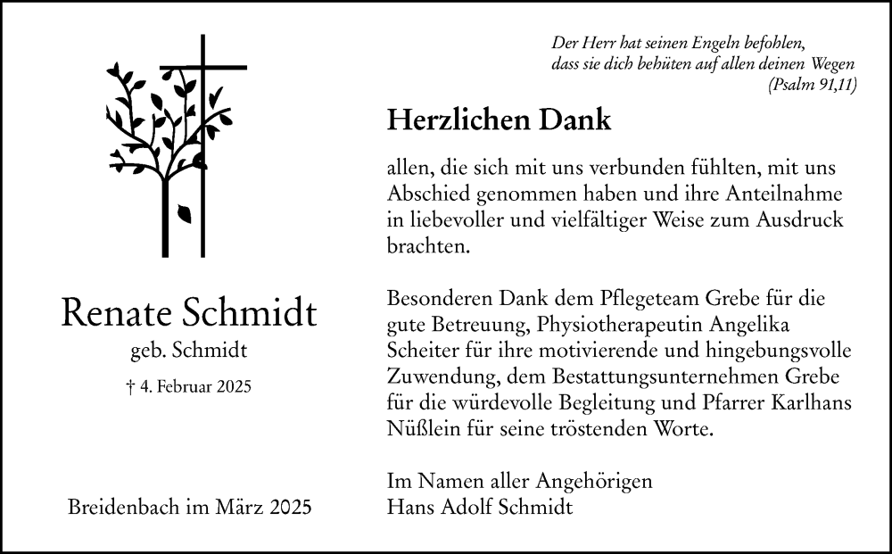  Traueranzeige für Renate Schmidt vom 22.03.2025 aus Hinterländer Anzeiger