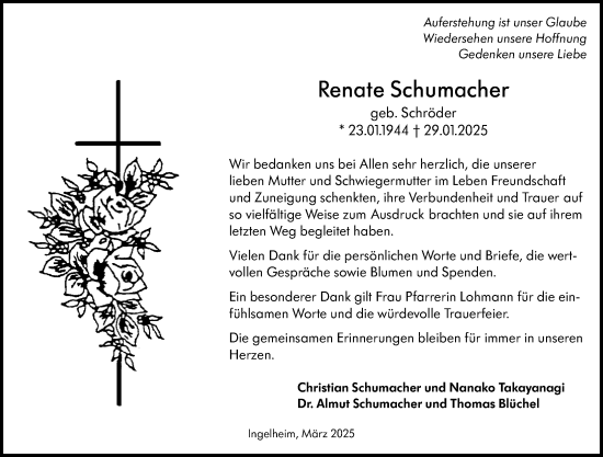 Traueranzeige von Renate Schumacher von Allgemeine Zeitung Rheinhessen-Nahe