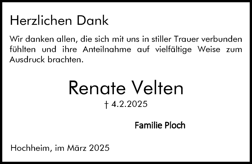  Traueranzeige für Renate Velten vom 14.03.2025 aus Hochheimer Zeitung