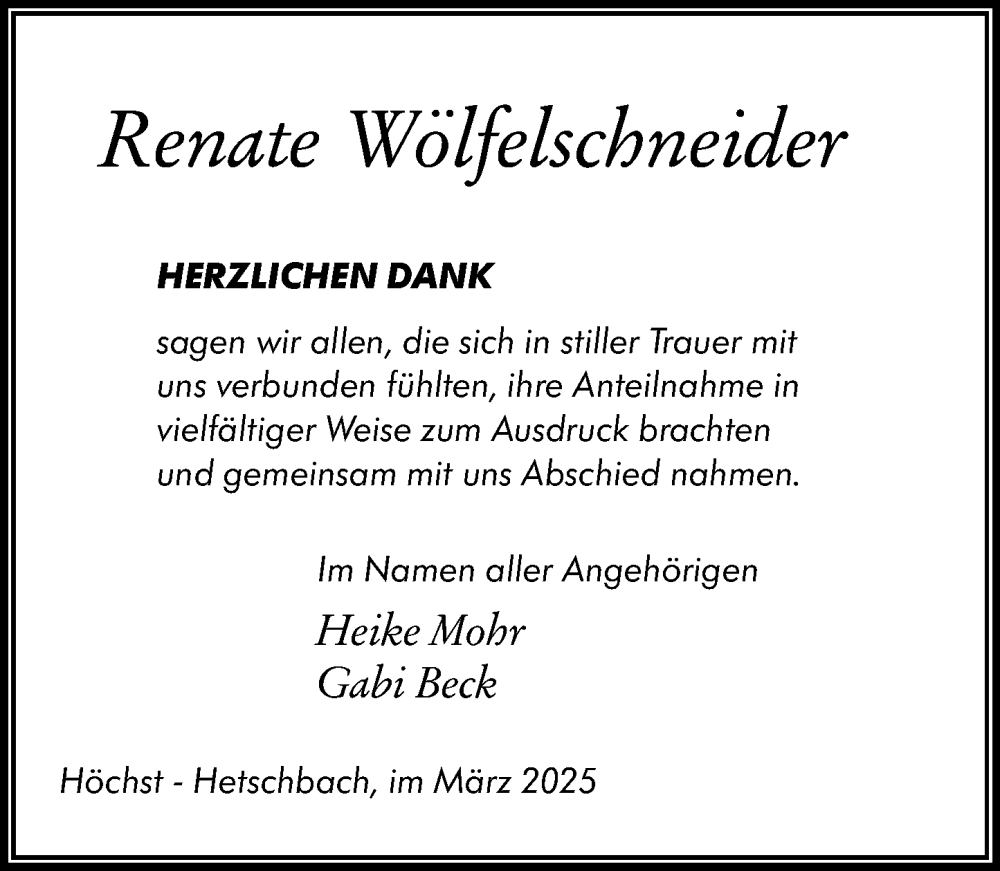  Traueranzeige für Renate Wölfelschneider vom 15.03.2025 aus Odenwälder Echo