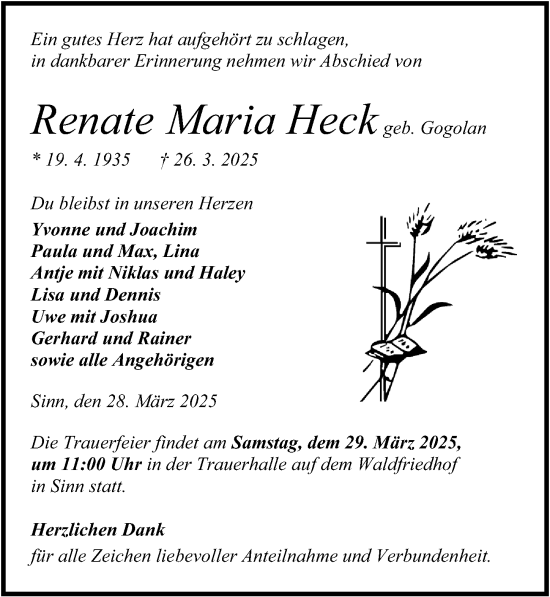 Traueranzeige von Renate Maria Heck von Dill Block