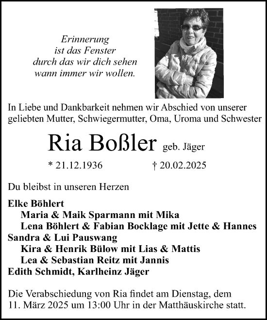 Traueranzeige von Ria Boßler von Darmstädter Echo