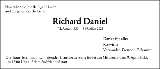 Traueranzeige von Richard Daniel von Wiesbadener Kurier