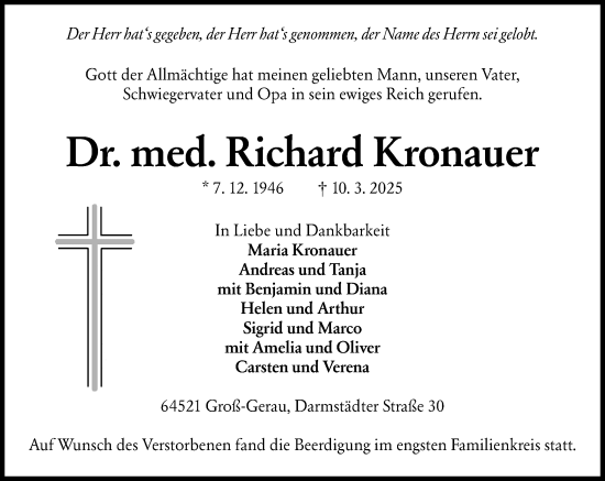 Traueranzeige von Richard Kronauer von Groß-Gerauer Echo