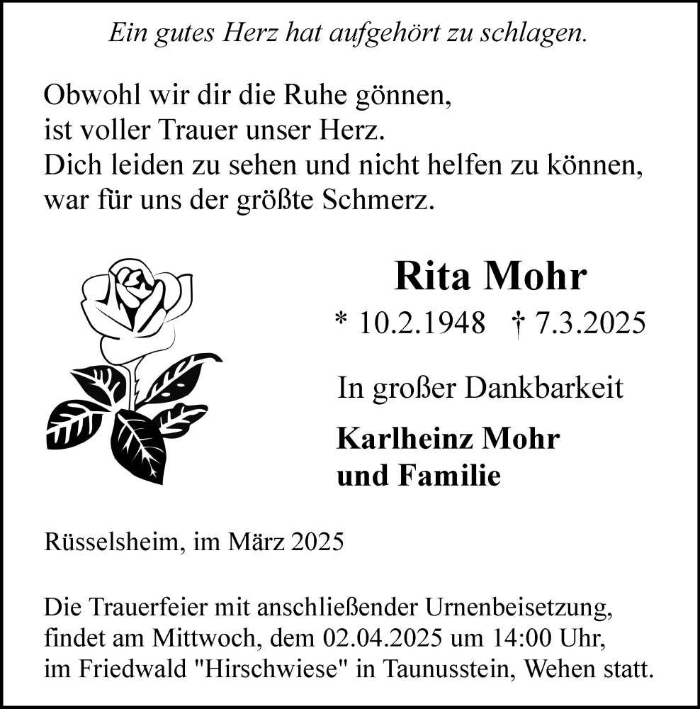  Traueranzeige für Rita Mohr vom 29.03.2025 aus Rüsselsheimer Echo