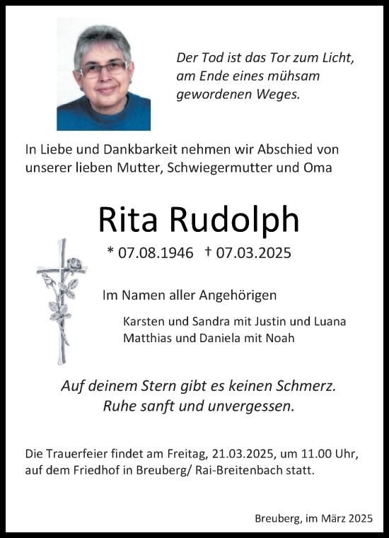 Traueranzeige von Rita Rudolph von Odenwälder Echo