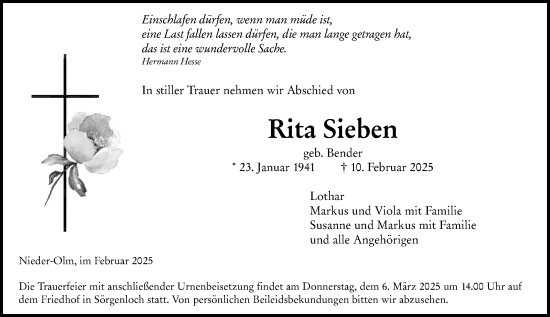 Traueranzeige von Rita Sieben von Allgemeine Zeitung Mainz