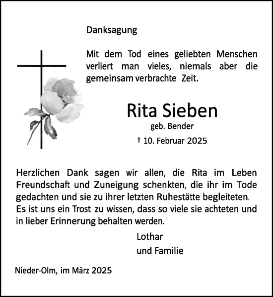 Traueranzeige von Rita Sieben von Allgemeine Zeitung Mainz