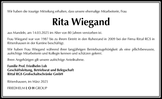Traueranzeige von Rita Wiegand von Dill Block