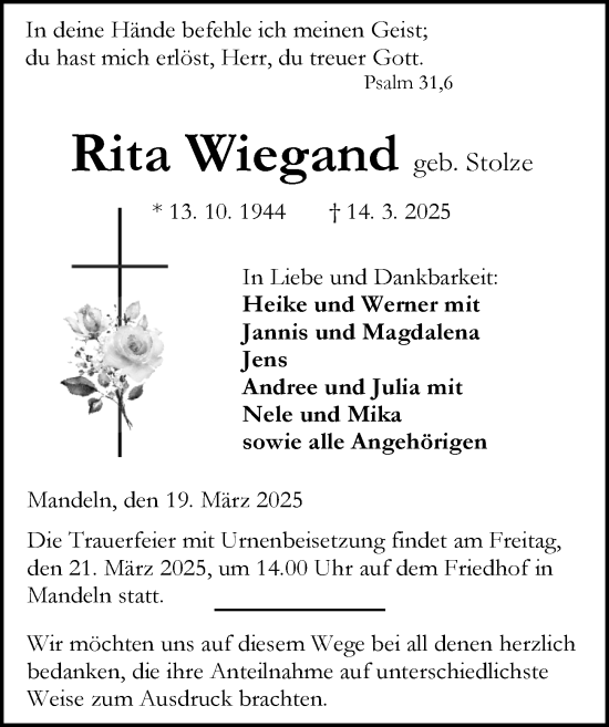 Traueranzeige von Rita Wiegand von Dill Block