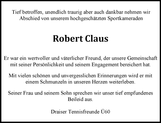Traueranzeige von Robert Claus von Allgemeine Zeitung Mainz