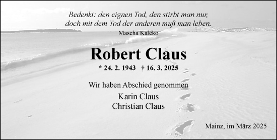 Traueranzeige von Robert Claus von Allgemeine Zeitung Mainz