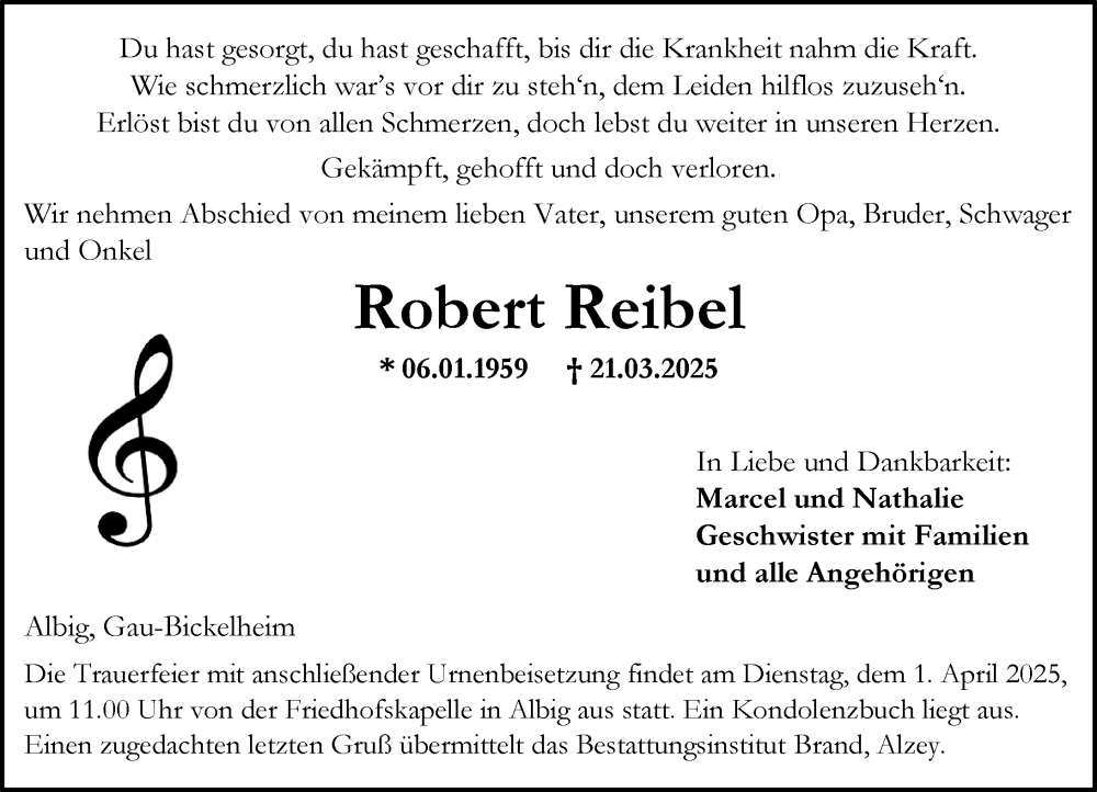  Traueranzeige für Robert Reibel vom 29.03.2025 aus Allgemeine Zeitung Alzey