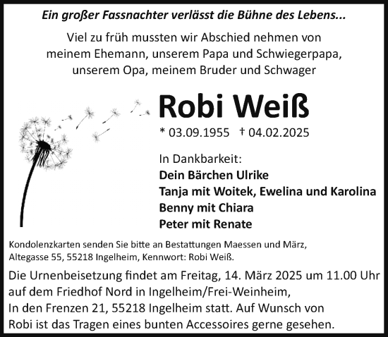 Traueranzeige von Robi Weiß von Allgemeine Zeitung Mainz