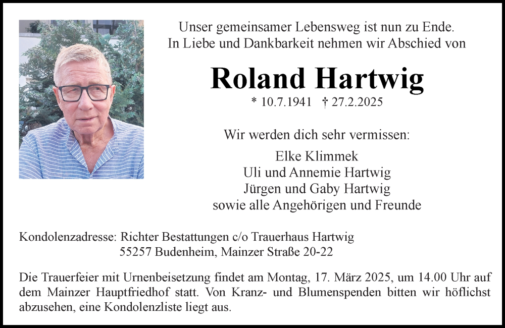  Traueranzeige für Roland Hartwig vom 08.03.2025 aus Allgemeine Zeitung Mainz