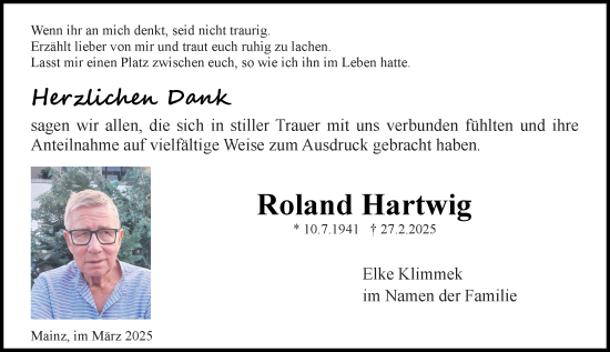 Traueranzeige von Roland Hartwig von Allgemeine Zeitung Mainz