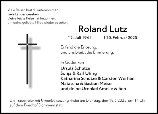 Traueranzeige von Roland Lutz von Rüsselsheimer Echo