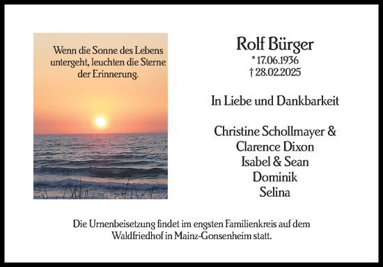 Traueranzeige von Rolf Bürger von Allgemeine Zeitung Mainz