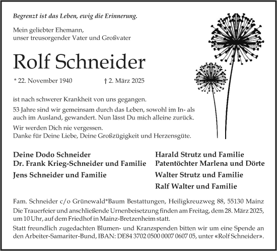 Traueranzeige von Rolf Schneider von Allgemeine Zeitung Mainz