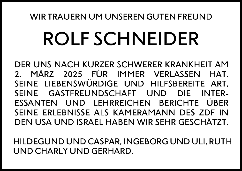  Traueranzeige für Rolf Schneider vom 15.03.2025 aus Allgemeine Zeitung Mainz