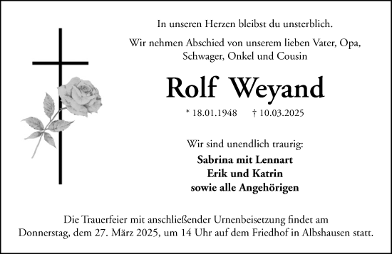 Traueranzeige von Rolf Weyand von Wetzlarer Neue Zeitung