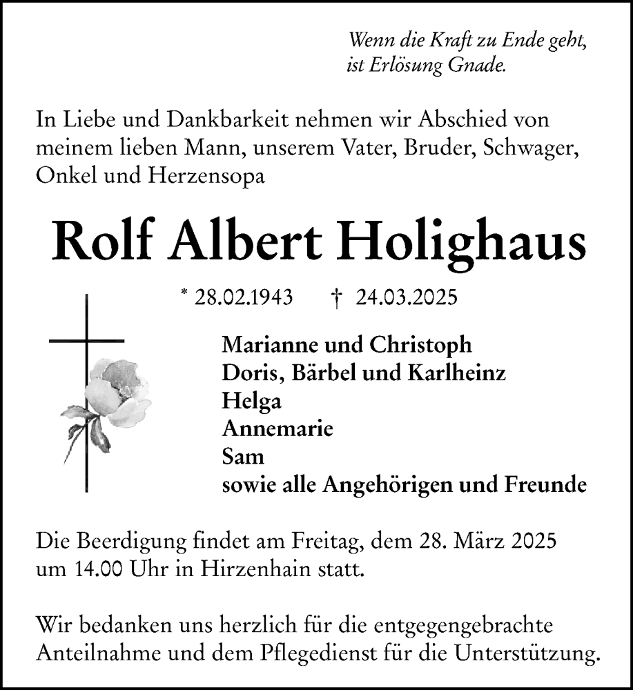  Traueranzeige für Rolf Albert Holighaus vom 26.03.2025 aus Dill Block