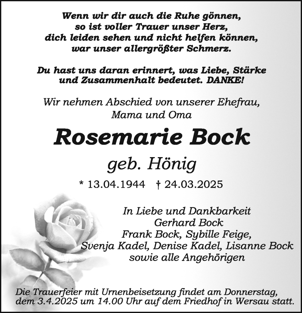  Traueranzeige für Rosemarie Bock vom 29.03.2025 aus Odenwälder Echo