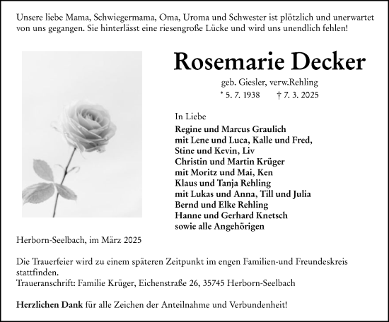 Traueranzeige von Rosemarie Decker von Dill Block