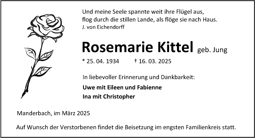  Traueranzeige für Rosemarie Kittel vom 19.03.2025 aus Dill Block