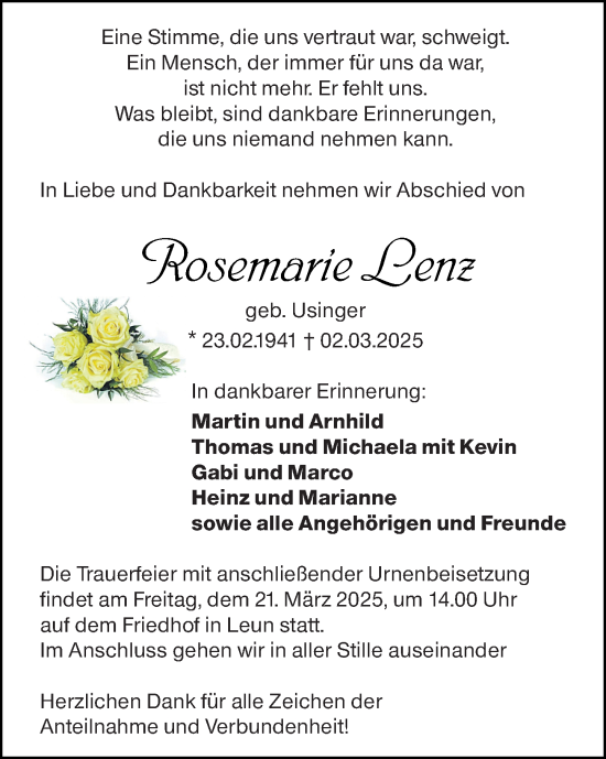 Traueranzeige von Rosemarie Lenz von Wetzlarer Neue Zeitung