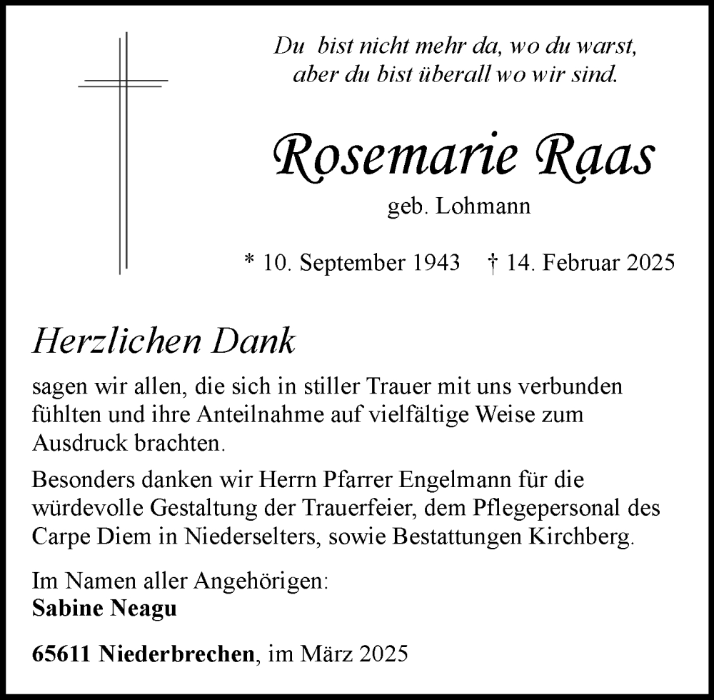  Traueranzeige für Rosemarie Raas vom 06.03.2025 aus Camberger Anzeiger