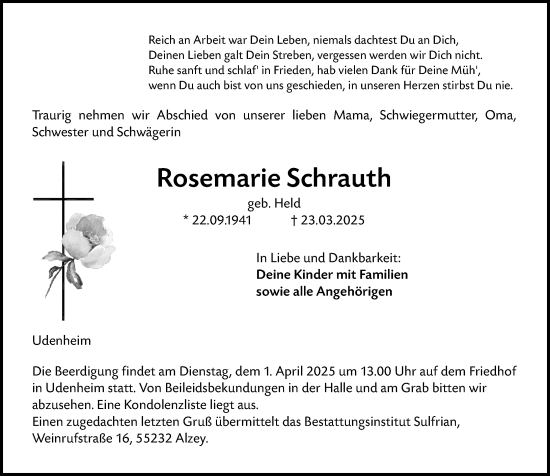 Traueranzeige von Rosemarie Schrauth von Allgemeine Zeitung Alzey