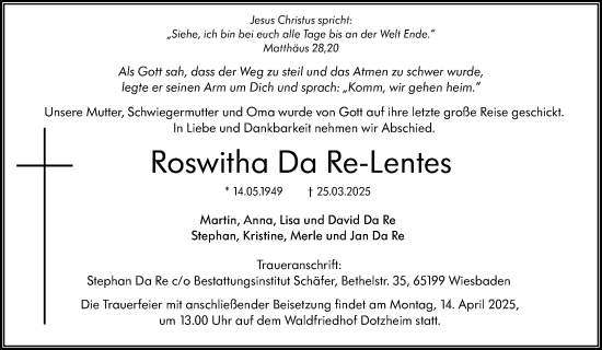 Traueranzeige von Roswitha Da Re-Lentes von Wiesbadener Kurier