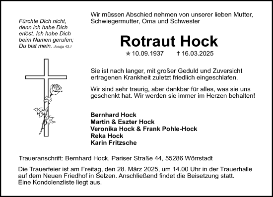 Traueranzeige von Rotraut Hock von Allgemeine Zeitung Alzey