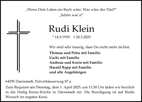 Traueranzeige von Rudi Klein von Darmstädter Echo