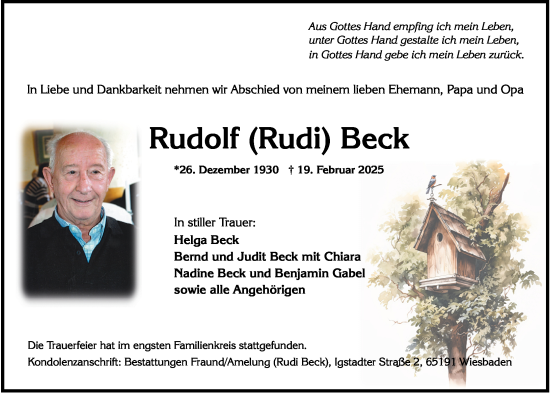 Traueranzeige von Rudolf Beck von Wiesbadener Kurier