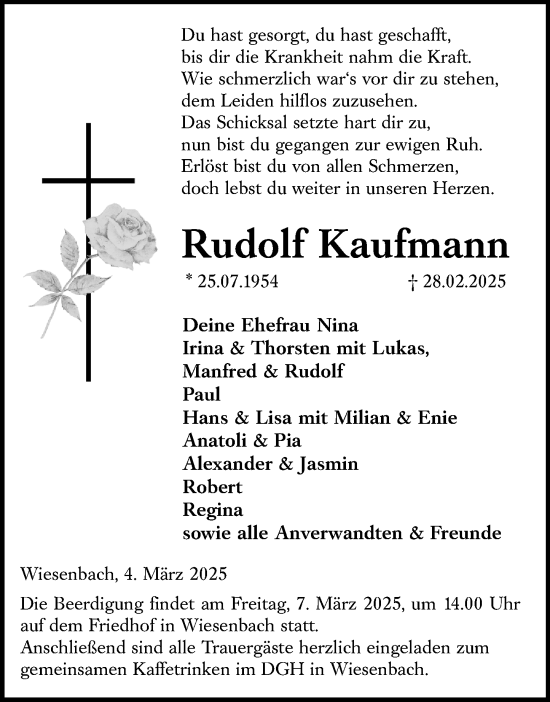 Traueranzeige von Rudolf Kaufmann von Hinterländer Anzeiger