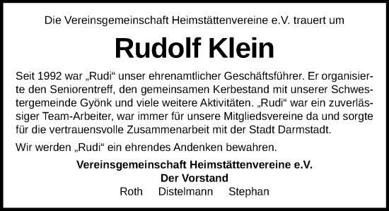 Traueranzeige von Rudolf Klein von Darmstädter Echo