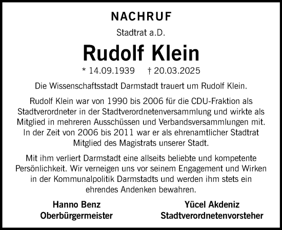 Traueranzeige von Rudolf Klein von Darmstädter Echo