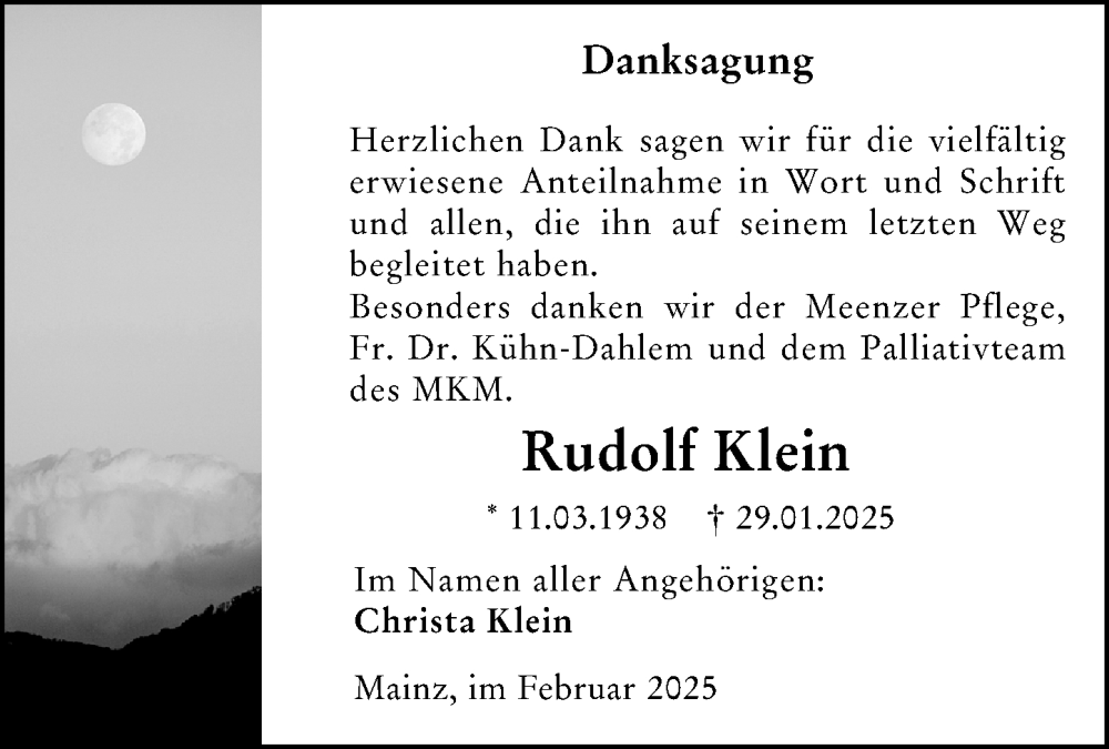  Traueranzeige für Rudolf Klein vom 01.03.2025 aus Allgemeine Zeitung Mainz