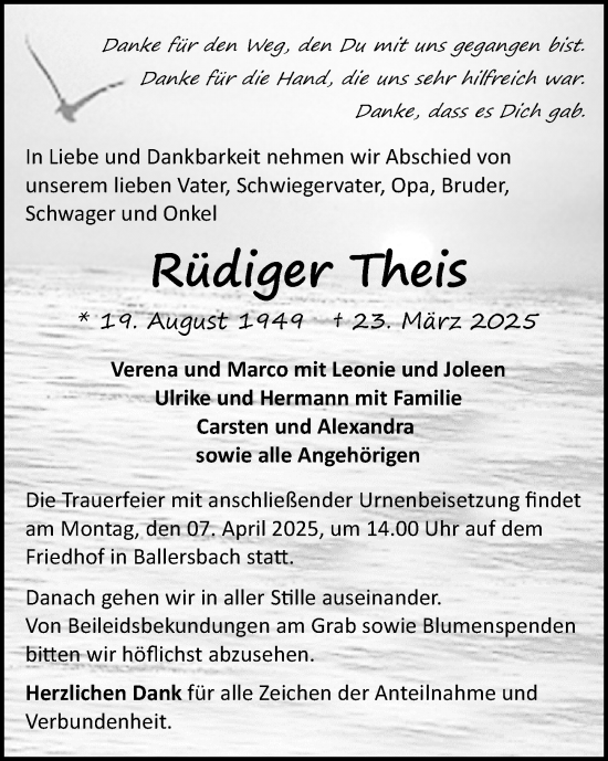 Traueranzeige von Rüdiger Theis von Dill Block