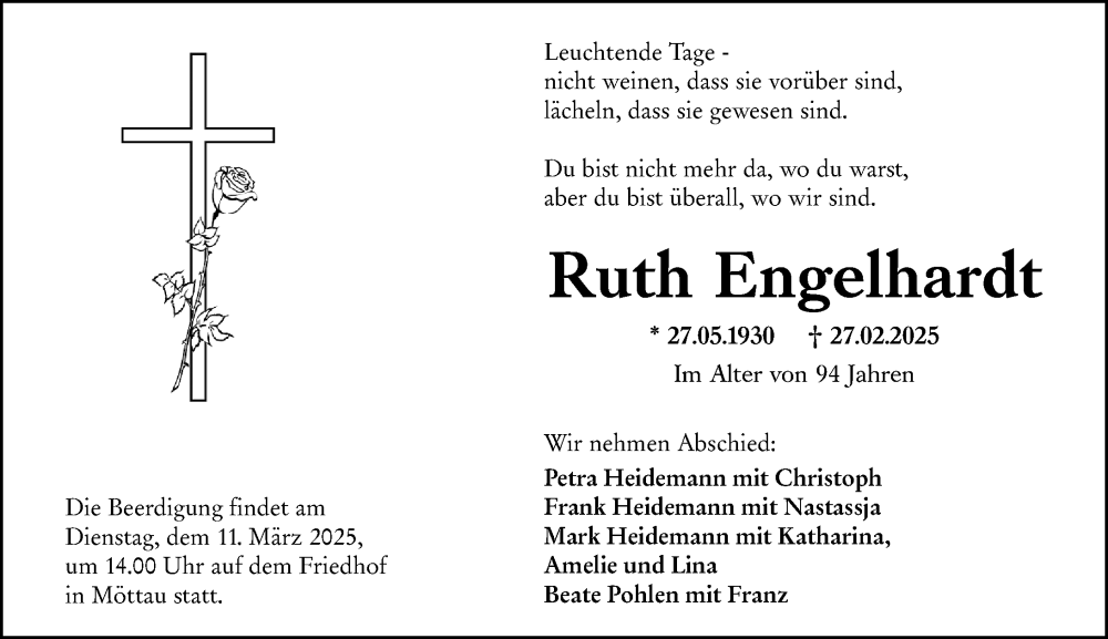  Traueranzeige für Ruth Engelhardt vom 08.03.2025 aus Weilburger Tageblatt